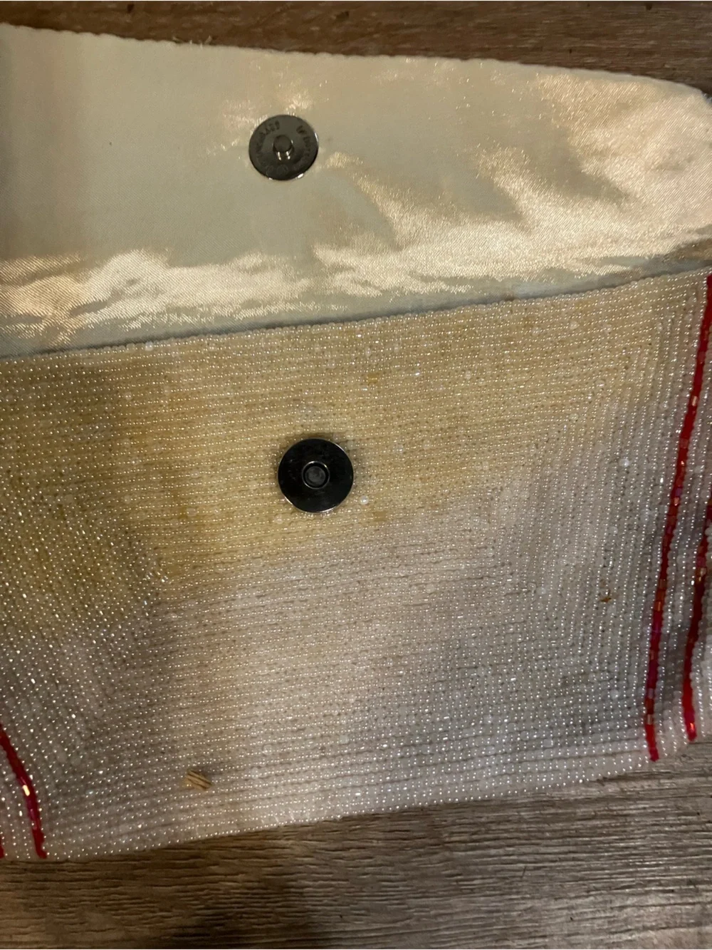 Beaded Clutch with Satin Lining - Ivory and Red Trim